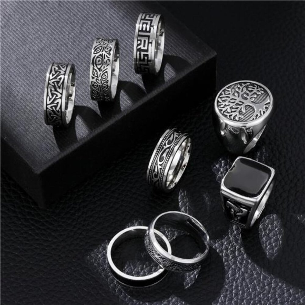 12Pcs Rings for Men Stainless Steel Band Rings Square Signet Rings Pinky Trendy - Picture 2 of 6